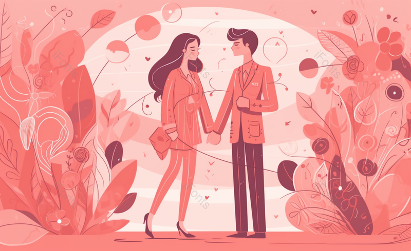 花丛情侣牵手卡通线条手绘插画背景,插画/手绘图,插画/手绘图库,插画/手绘图下载,插画/手绘